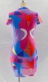 Summer Multicolor Sexy Bodycon Dress with Short Sleeves