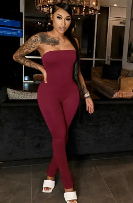 Summer Burgunry Fitted Sexy Strapless Stacked Jumpsuit