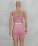 Summer Casual Pink Ribbed Strap Fitted Rompers with Matching Belt