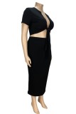 Summer Plus Size Casual Black Knotted Crop Top and Midi Skirt Set