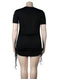 Summer Casual Plus Size Black Strings Fitted Mini Shirt Dress