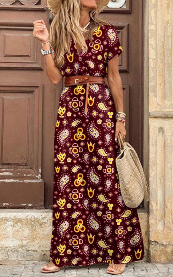 Summer Print Short Sleeves Wrap Long Casual Dress with Belt