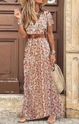 Summer Print Short Sleeves Wrap Long Casual Dress with Belt