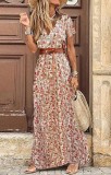Summer Print Short Sleeves Wrap Long Casual Dress with Belt
