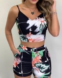 Summer Classic Print Strap Crop Top and Matching Shorts 2PC Set