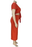 Summer Plus Size Casual Orange Knotted Crop Top and Midi Skirt Set