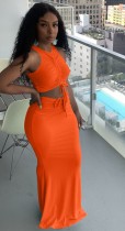 Summer Orange Ruched Strings Crop Top and Long Skirt Set