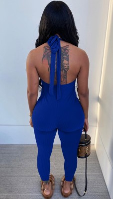Summer Sexy Blue Sleeveless Deep-V Halter Bodycon Jumpsuit