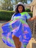 Summer Plus Size Tie Dye High Low Shirt and Biker Shorts 2PC Set