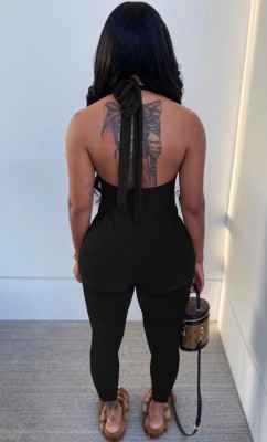 Summer Sexy Black Sleeveless Deep-V Halter Bodycon Jumpsuit