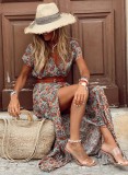 Summer Print Short Sleeves Wrap Long Casual Dress with Belt