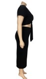 Summer Plus Size Casual Black Knotted Crop Top and Midi Skirt Set
