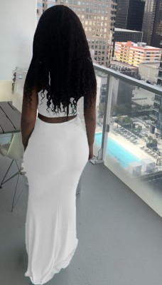 Summer White Ruched Strings Crop Top and Long Skirt Set