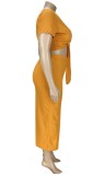 Summer Plus Size Casual Yellow Knotted Crop Top and Midi Skirt Set