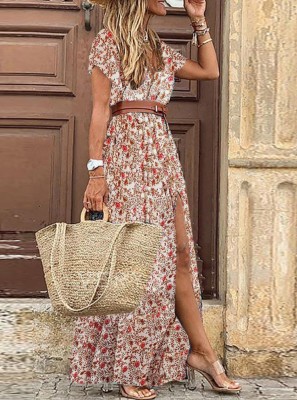 Summer Print Short Sleeves Wrap Long Casual Dress with Belt
