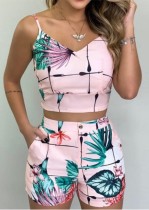 Summer Classic Print Strap Crop Top and Matching Shorts 2PC Set