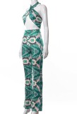 Summer Print Green Wrap Halter Top and Pants Matching 2PC Set