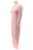 Summer Plus Size Pink Ruched Long Dress