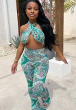 Summer Print Green Wrap Halter Top and Pants Matching 2PC Set