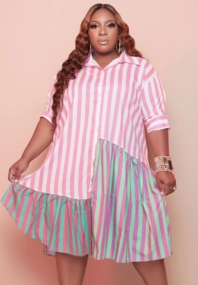 Summer Plus Size Stripes Pink Blouse Dress