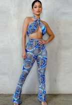 Summer Print Blue Wrap Halter Top and Pants Matching 2PC Set