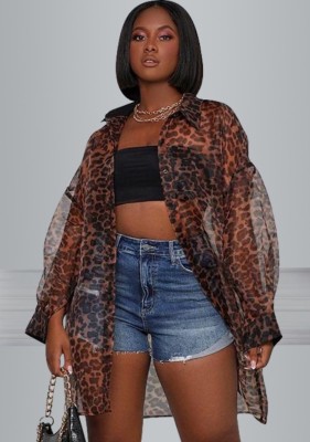 Summer Leopard Print See Through Long Sleeve Blouse