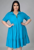 Summer Plus Size Casual Blue Skater Dress