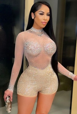 Summer Golden Beaded See Through Sexy Long Sleeve Party Rompers