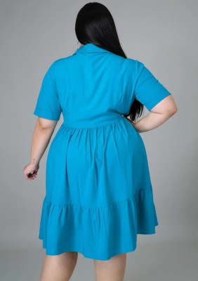 Summer Plus Size Casual Blue Skater Dress