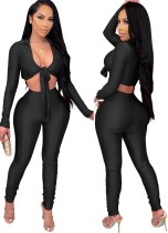Autumn Party Black Long Sleeve Knotted Crop Top and Stacked Pants 2PC Set