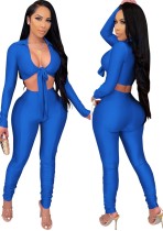 Autumn Party Blue Long Sleeve Knotted Crop Top and Stacked Pants 2PC Set