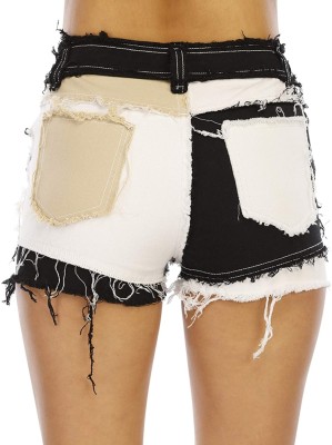 Summer Street Style Patch Color Block Fitted Denim Shorts
