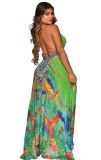 Summer Print Backless High Low Halter Long Maxi Dress