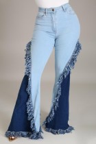 Summer Blue Patch High Waist Tassels Flare Jeans