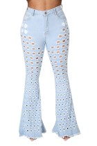 Summer Washed Blue Hollow Out High Waist Flare Jeans
