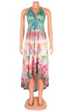 Summer Print Backless High Low Halter Long Maxi Dress