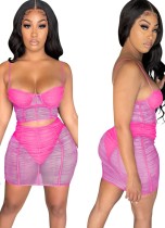 Summer Party Rose See Through Mesh Strap Crop Top and Mini Skirt Set
