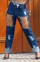 Summer Blue Damaged Ripped Chains High Waist Straight Jeans