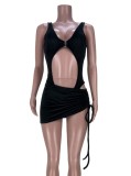 Summer Party Black Sexy Cut Out Bodysuit and Ruched Mini Skirt Set