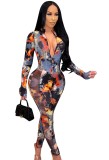 Autumn Party Print Sexy Long Sleeve Bodycon Jumpsuit