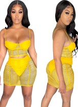 Summer Party Yellow See Through Mesh Strap Crop Top and Mini Skirt Set