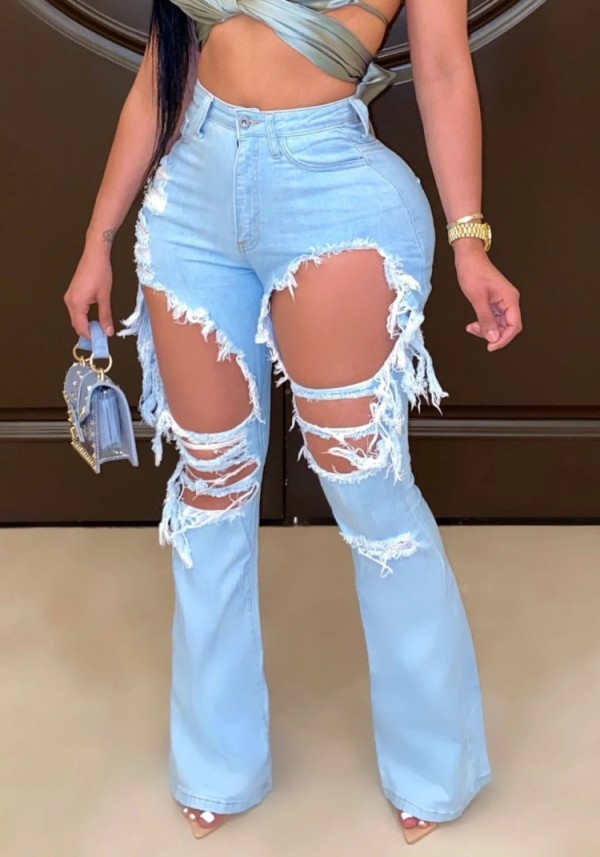 Summer Washed Blue Damaged Cut Out High Waist Jeans