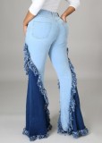 Summer Blue Patch High Waist Tassels Flare Jeans