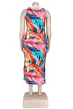 Summer Plus Size Sleeveless Floral Slit Strings Long Party Dress