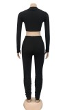 Autumn Party Black Long Sleeve Knotted Crop Top and Stacked Pants 2PC Set