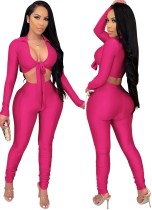 Autumn Party Rose Long Sleeve Knotted Crop Top and Stacked Pants 2PC Set