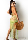 Summer Green Knit Beach Bra and Fringe Skirt 2PC Cover-Ups