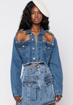 Autumn Blue Denim Cut Out Damaged Short Jacket with Full Sleeves