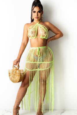 Summer Green Knit Beach Bra and Fringe Skirt 2PC Cover-Ups