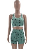 Summer Casual Print Track Bra and Matching Shorts 2PC Set